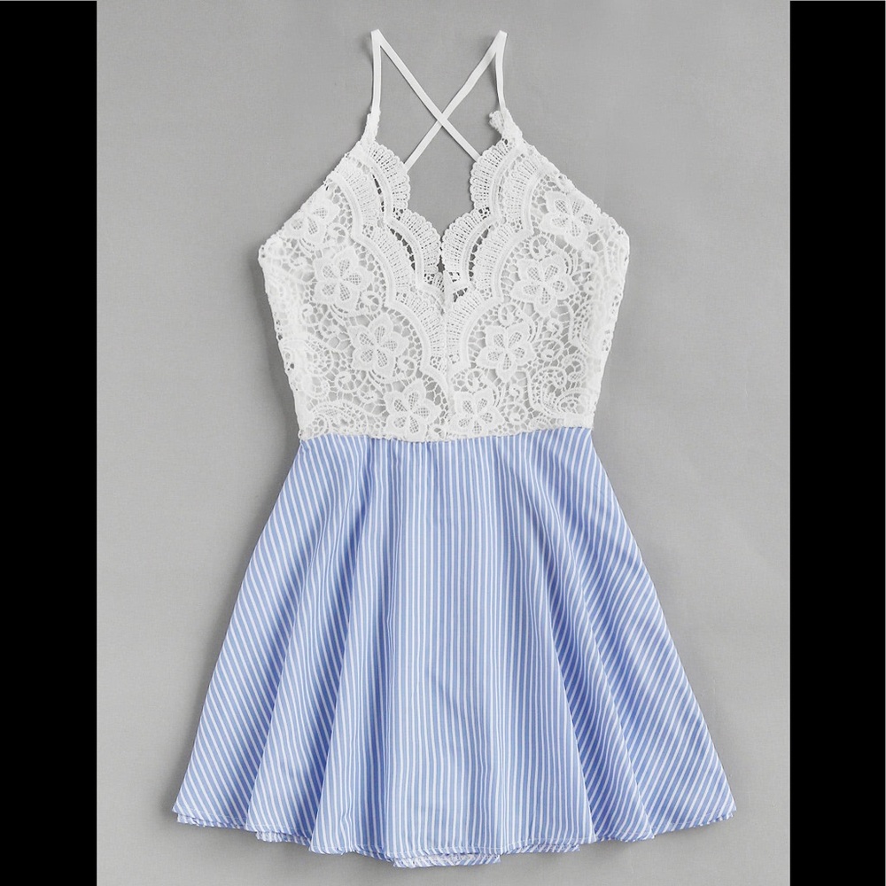 Romwe Open Back Criss Cross Striped Lace Dress